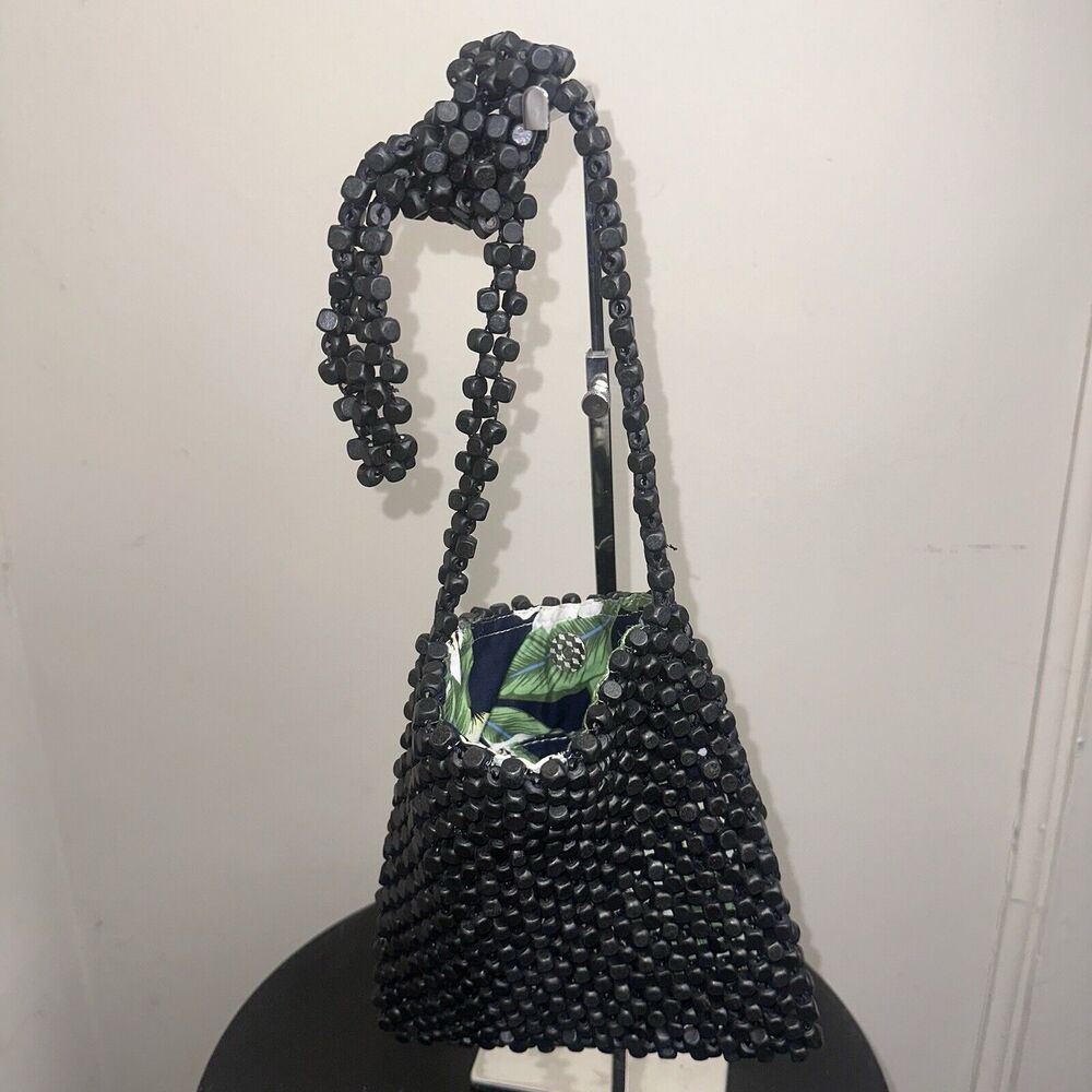 Francesca’s Black Wooden Beaded Crossbody Bag Pouch Floral Lining EUC